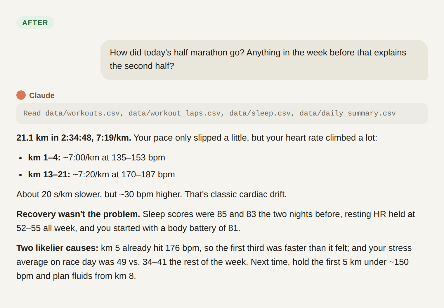 After: the same question with the data repo attached, and an answer that pulls in splits, sleep, resting heart rate and stress