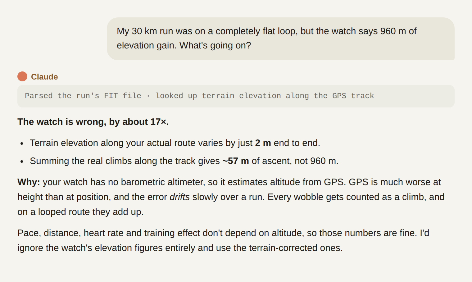 Asking why a flat 30 km loop logged 960 m of climbing, and getting the real number back